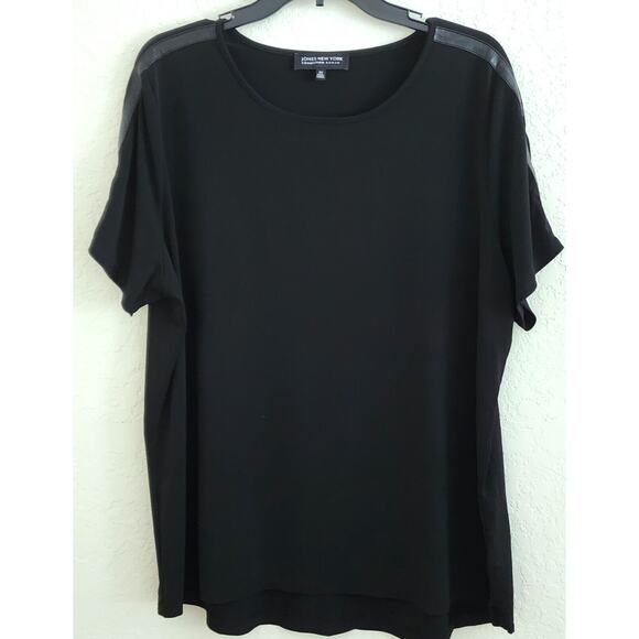 TOP-JONES NEW YORK-Black-Faux Leather Strips-Knit-Cap Sleeves-Size 2XL - Picture 1 of 11